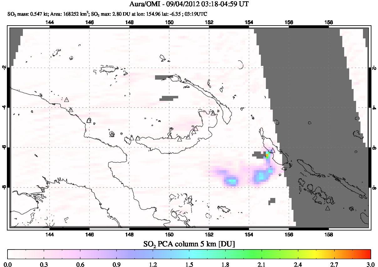 A sulfur dioxide image over Papua, New Guinea on Sep 04, 2012.