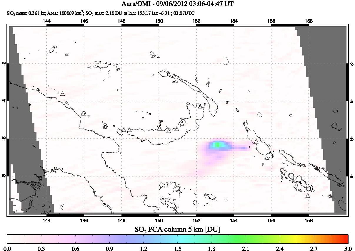 A sulfur dioxide image over Papua, New Guinea on Sep 06, 2012.