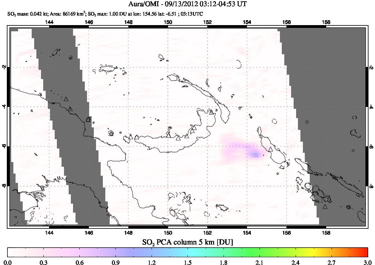 A sulfur dioxide image over Papua, New Guinea on Sep 13, 2012.