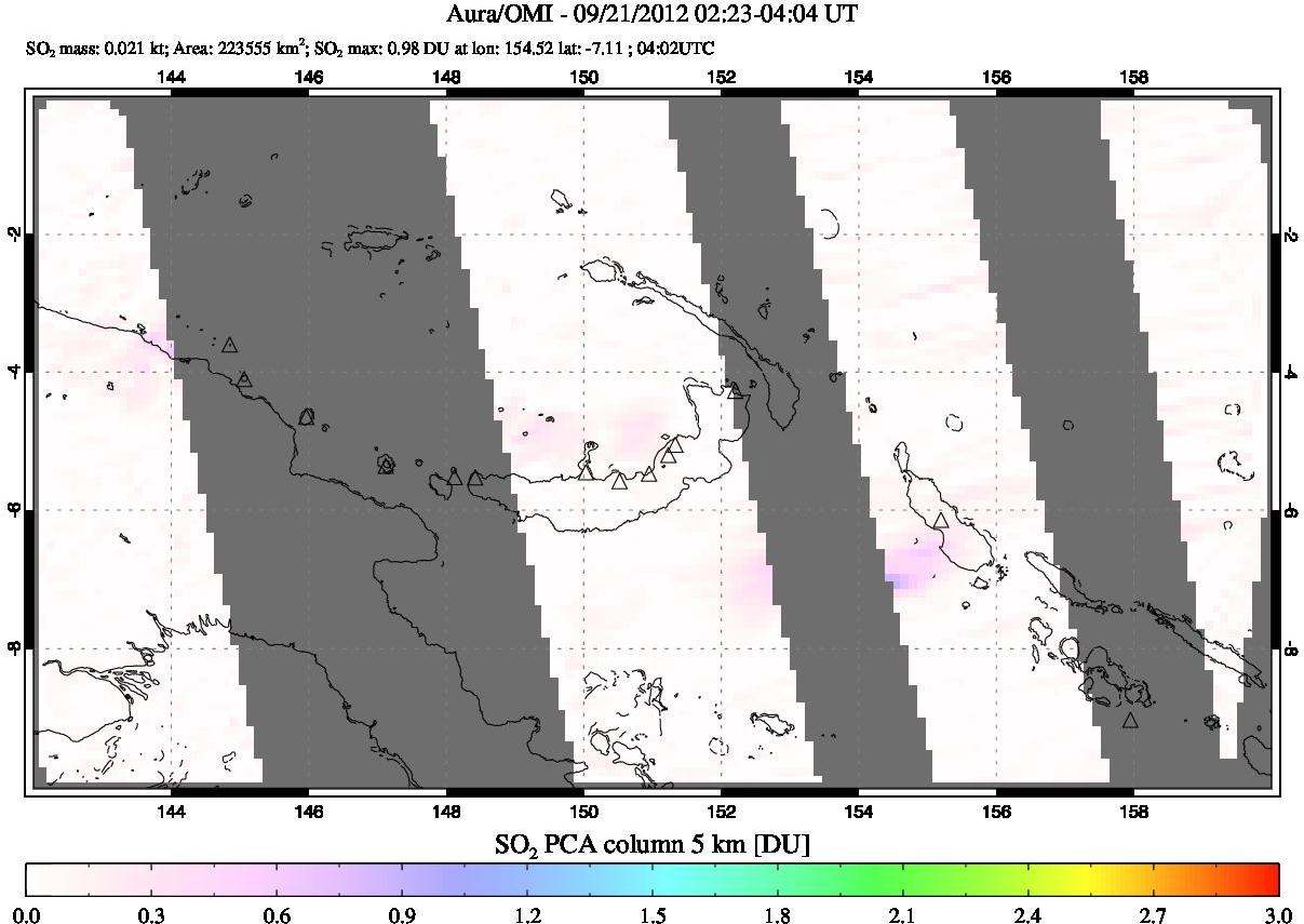 A sulfur dioxide image over Papua, New Guinea on Sep 21, 2012.