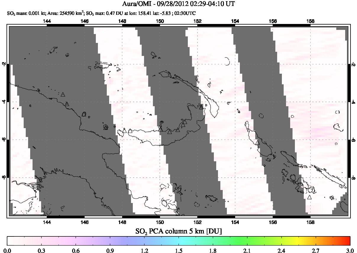 A sulfur dioxide image over Papua, New Guinea on Sep 28, 2012.