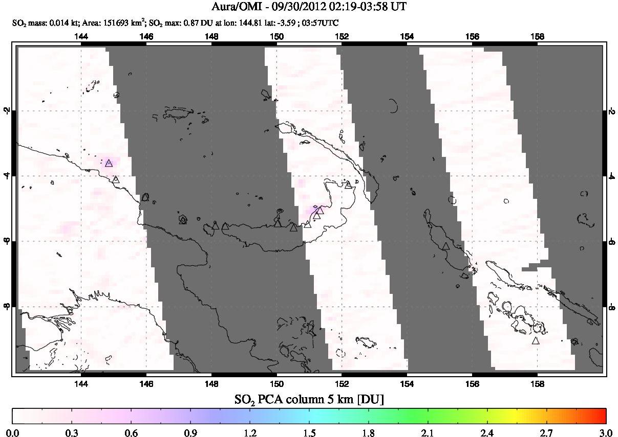 A sulfur dioxide image over Papua, New Guinea on Sep 30, 2012.