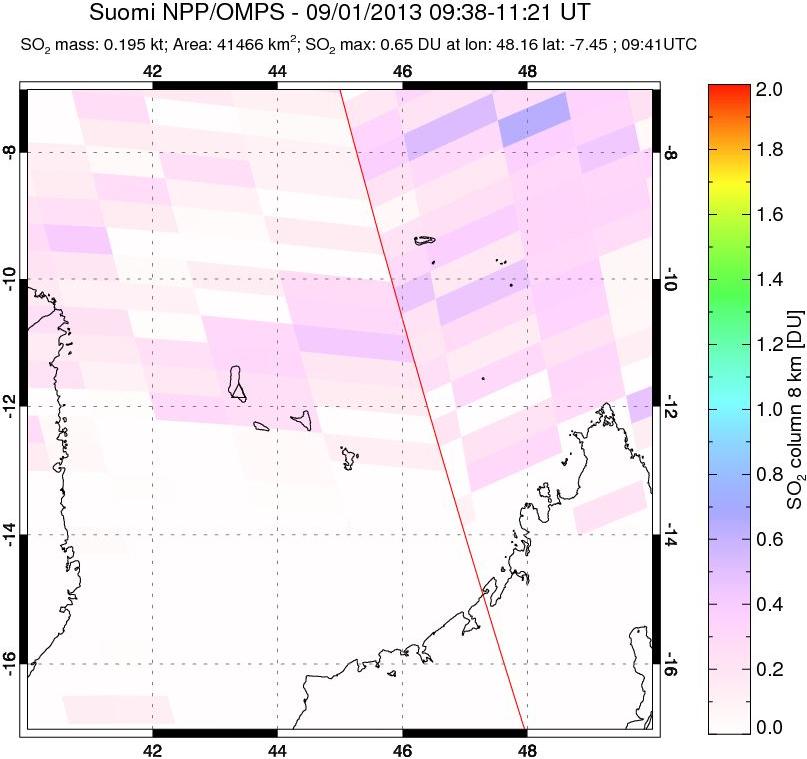 A sulfur dioxide image over Comoro Islands on Sep 01, 2013.