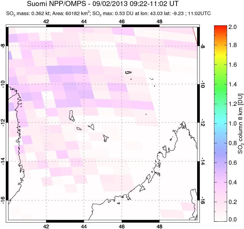 A sulfur dioxide image over Comoro Islands on Sep 02, 2013.