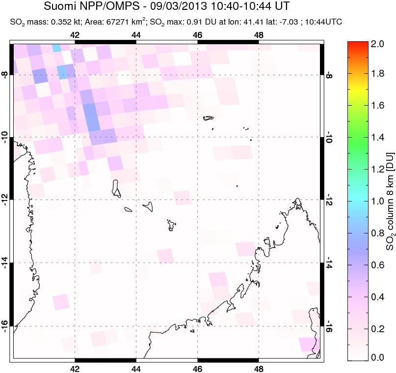 A sulfur dioxide image over Comoro Islands on Sep 03, 2013.