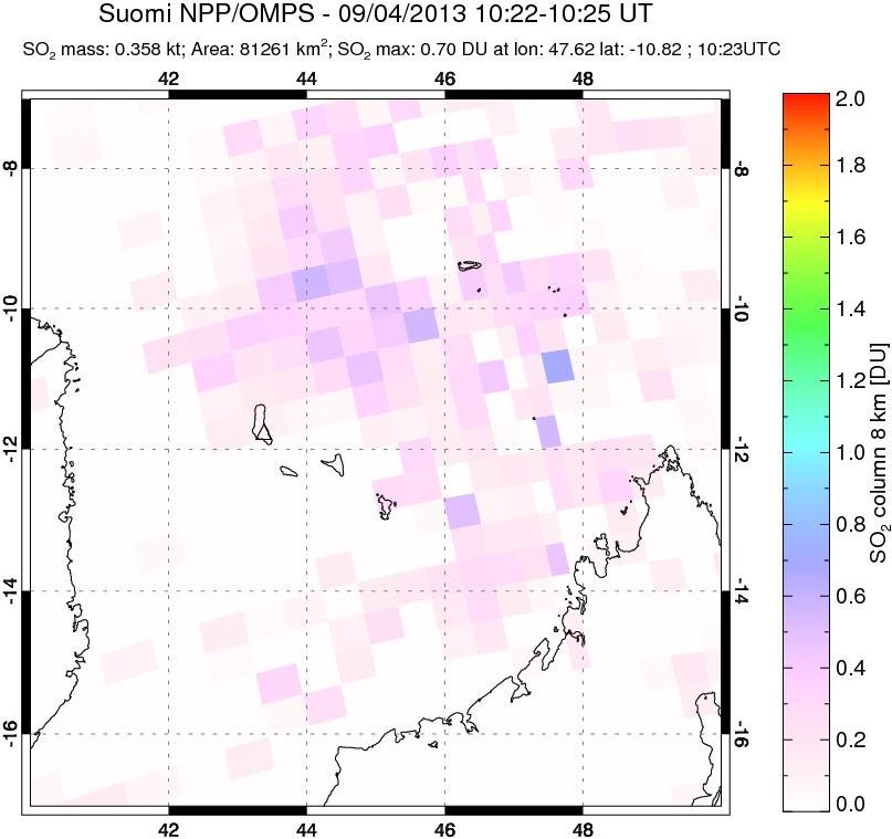 A sulfur dioxide image over Comoro Islands on Sep 04, 2013.