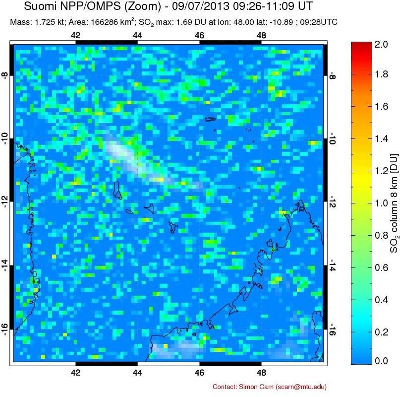A sulfur dioxide image over Comoro Islands on Sep 07, 2013.