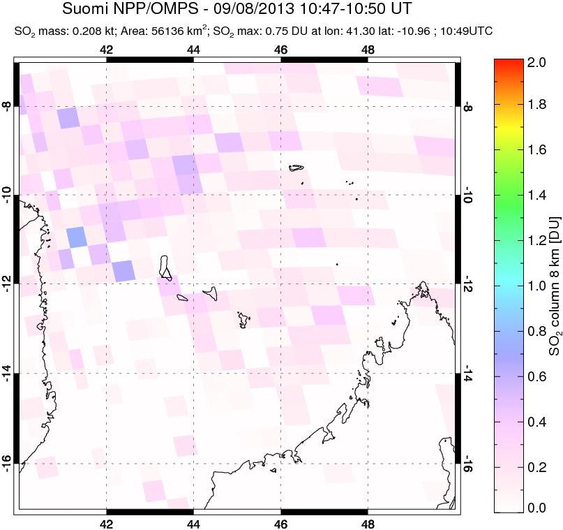 A sulfur dioxide image over Comoro Islands on Sep 08, 2013.