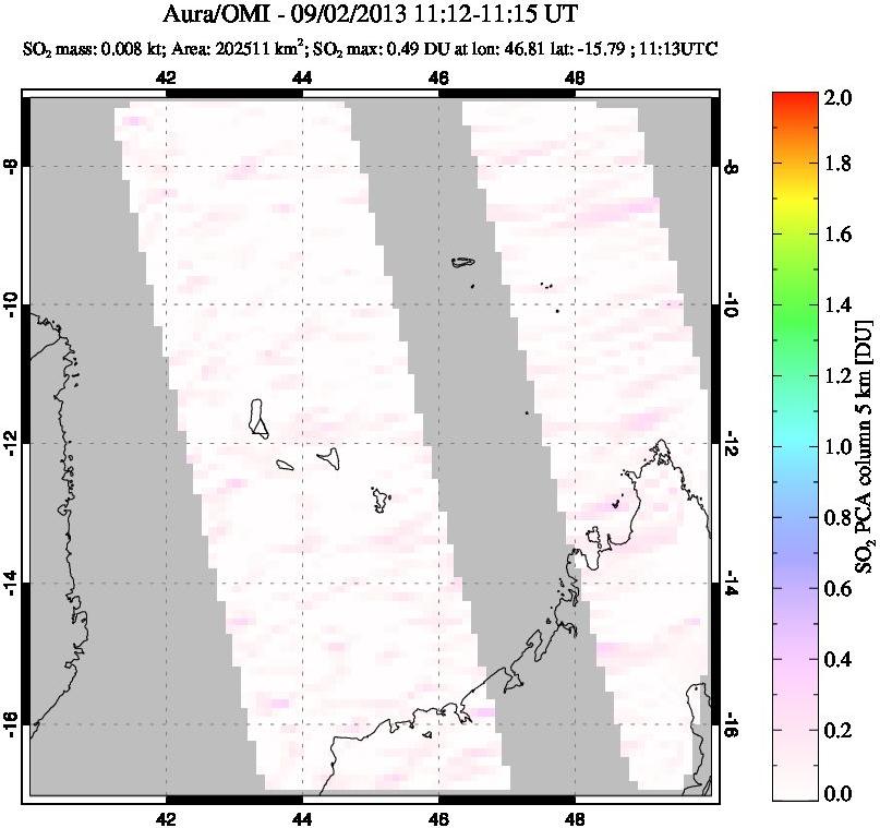 A sulfur dioxide image over Comoro Islands on Sep 02, 2013.