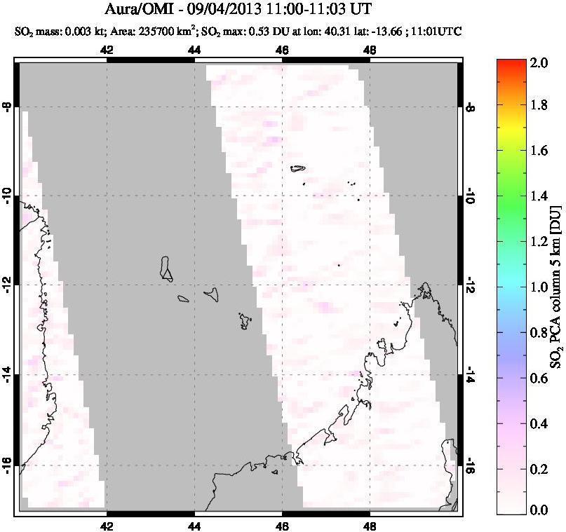 A sulfur dioxide image over Comoro Islands on Sep 04, 2013.