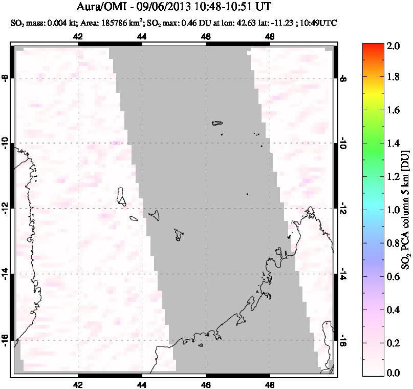 A sulfur dioxide image over Comoro Islands on Sep 06, 2013.