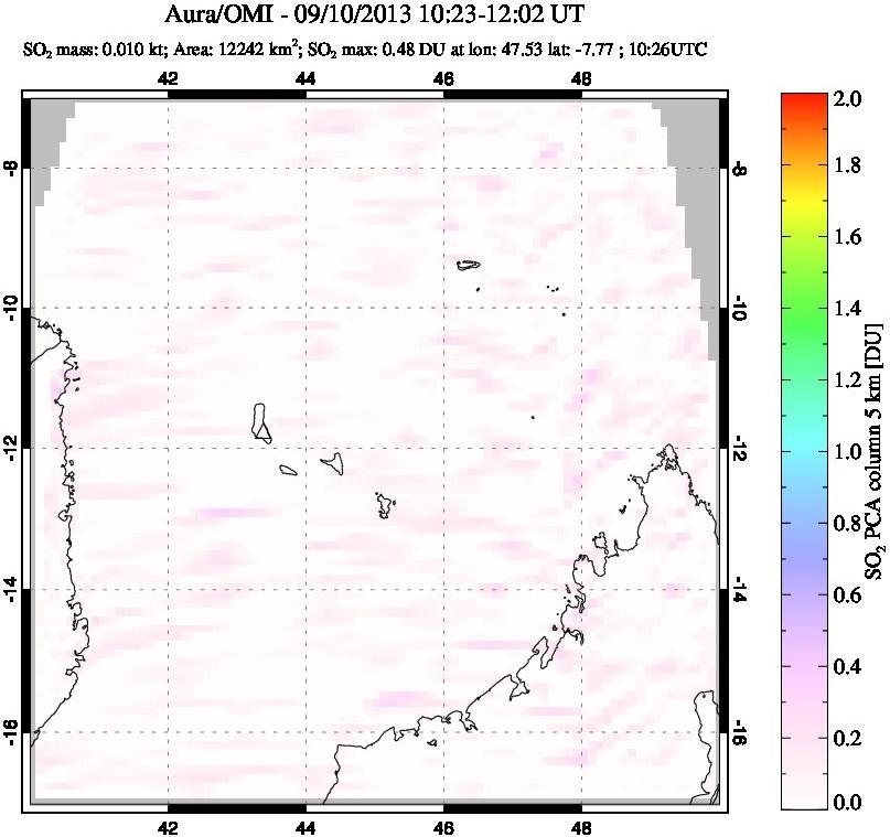 A sulfur dioxide image over Comoro Islands on Sep 10, 2013.
