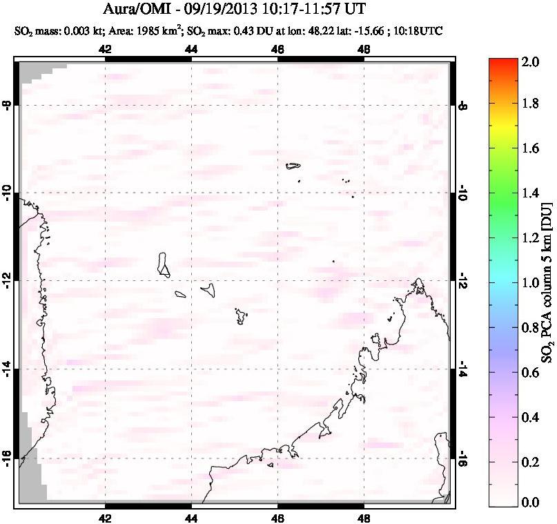 A sulfur dioxide image over Comoro Islands on Sep 19, 2013.