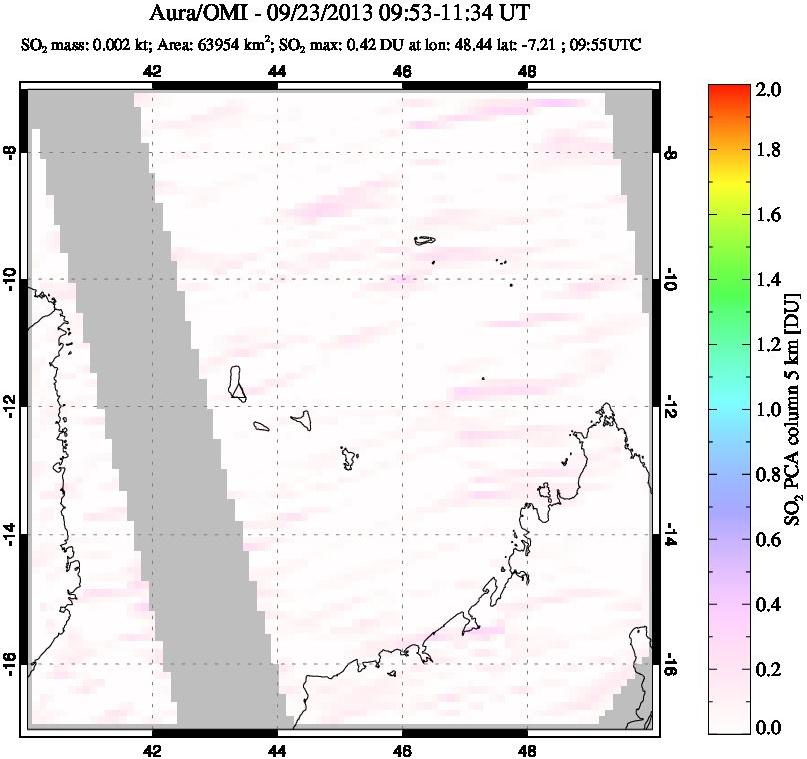 A sulfur dioxide image over Comoro Islands on Sep 23, 2013.