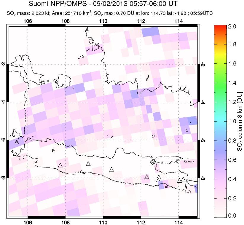 A sulfur dioxide image over Java, Indonesia on Sep 02, 2013.