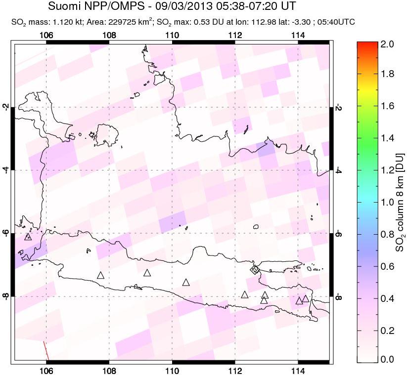 A sulfur dioxide image over Java, Indonesia on Sep 03, 2013.