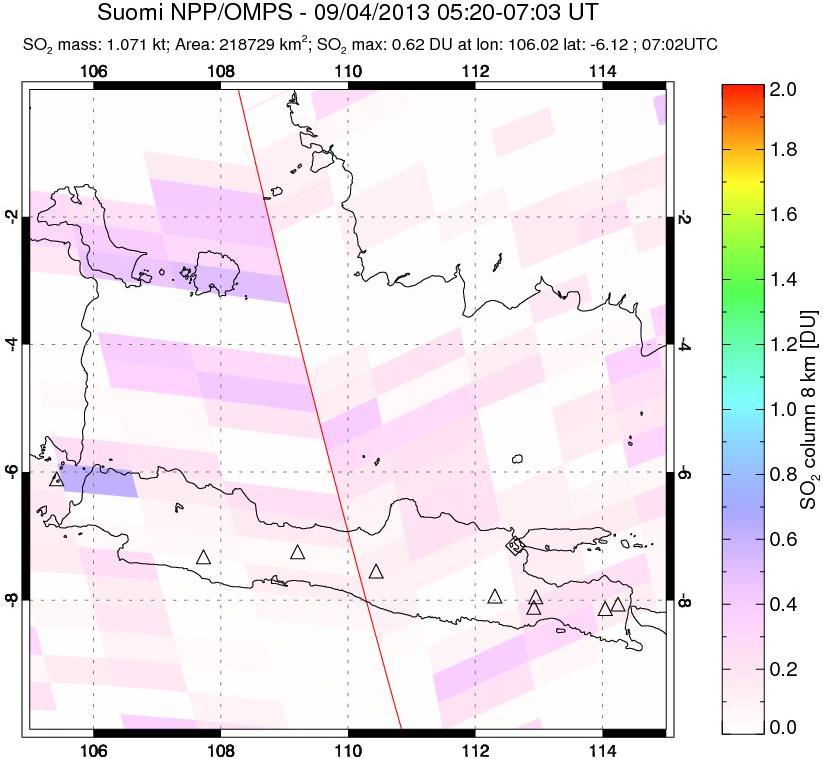 A sulfur dioxide image over Java, Indonesia on Sep 04, 2013.
