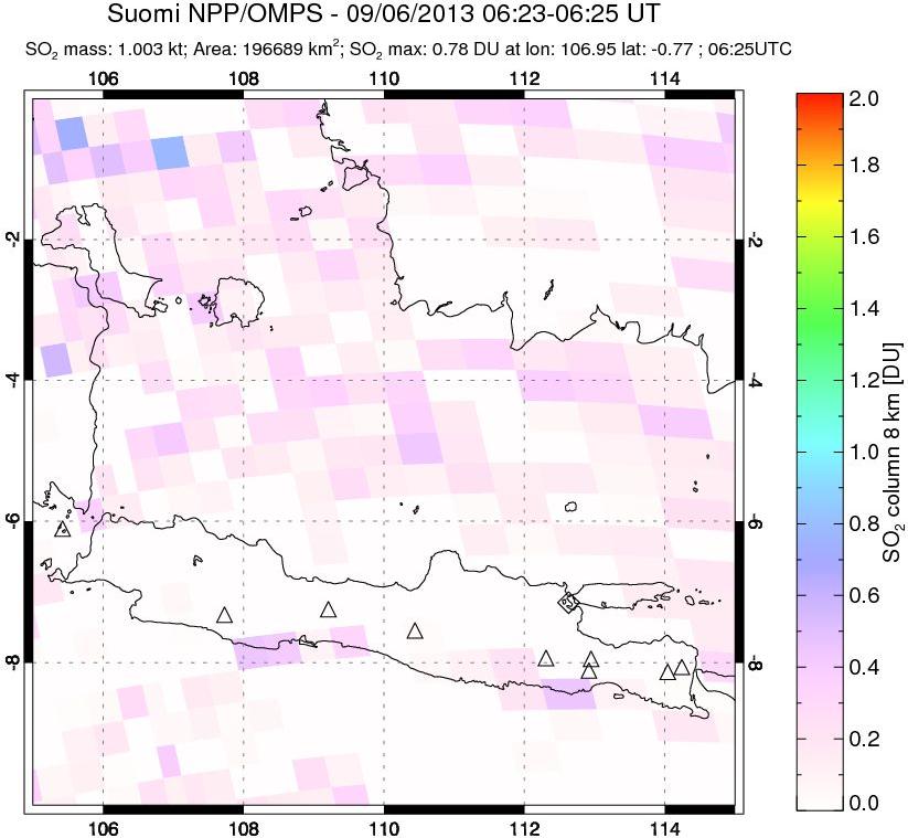A sulfur dioxide image over Java, Indonesia on Sep 06, 2013.