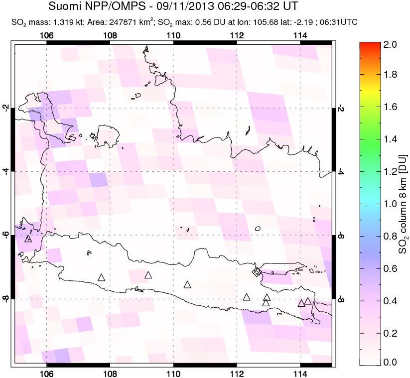 A sulfur dioxide image over Java, Indonesia on Sep 11, 2013.