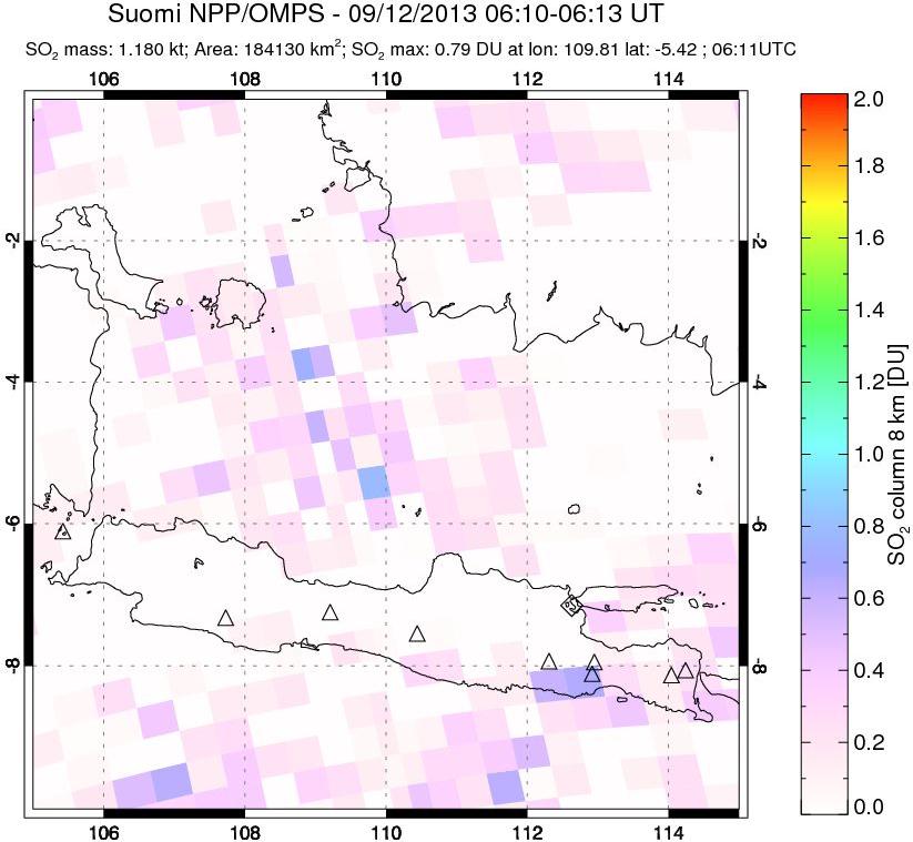 A sulfur dioxide image over Java, Indonesia on Sep 12, 2013.