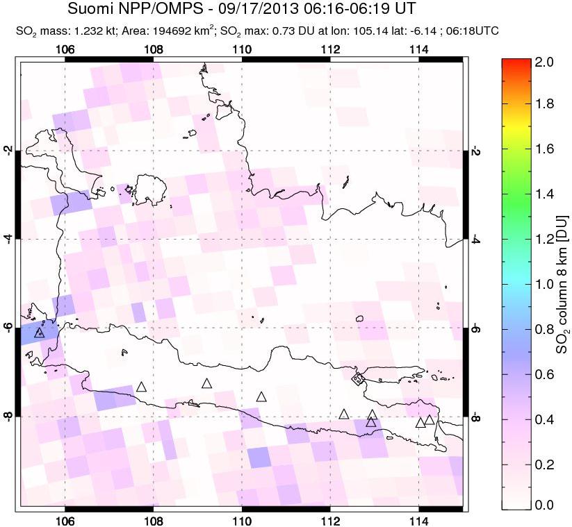 A sulfur dioxide image over Java, Indonesia on Sep 17, 2013.