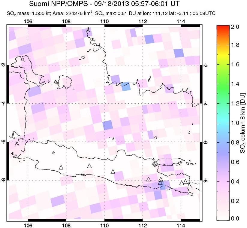 A sulfur dioxide image over Java, Indonesia on Sep 18, 2013.