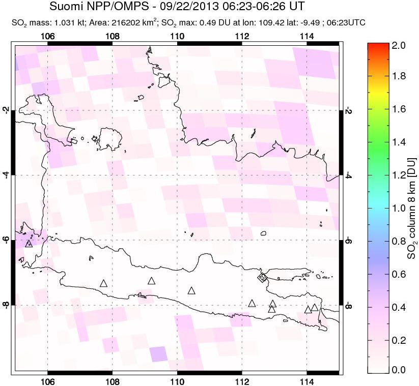 A sulfur dioxide image over Java, Indonesia on Sep 22, 2013.