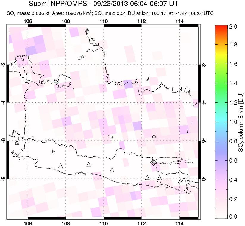 A sulfur dioxide image over Java, Indonesia on Sep 23, 2013.