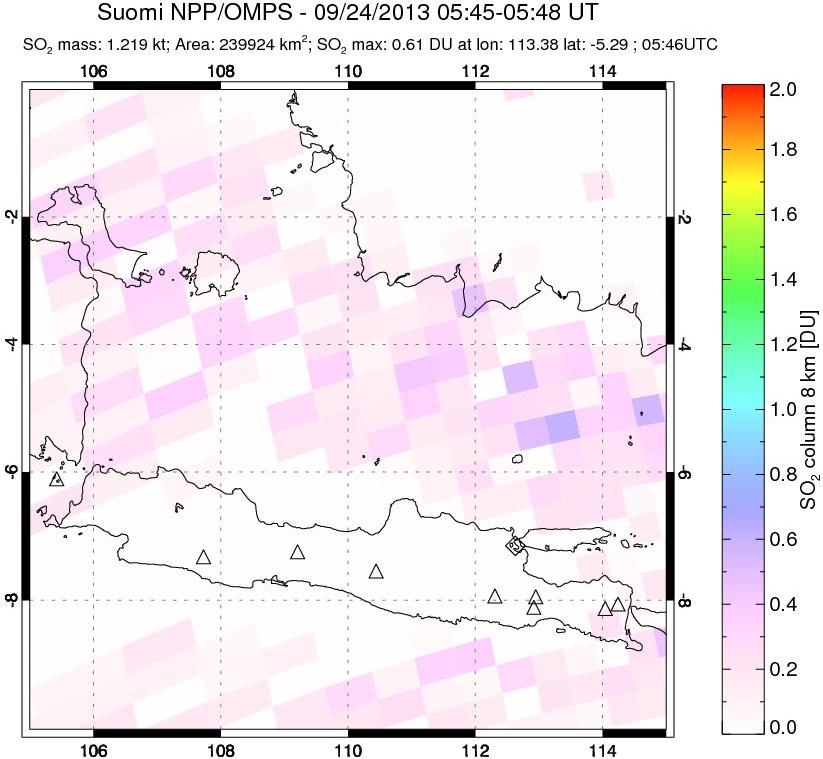 A sulfur dioxide image over Java, Indonesia on Sep 24, 2013.