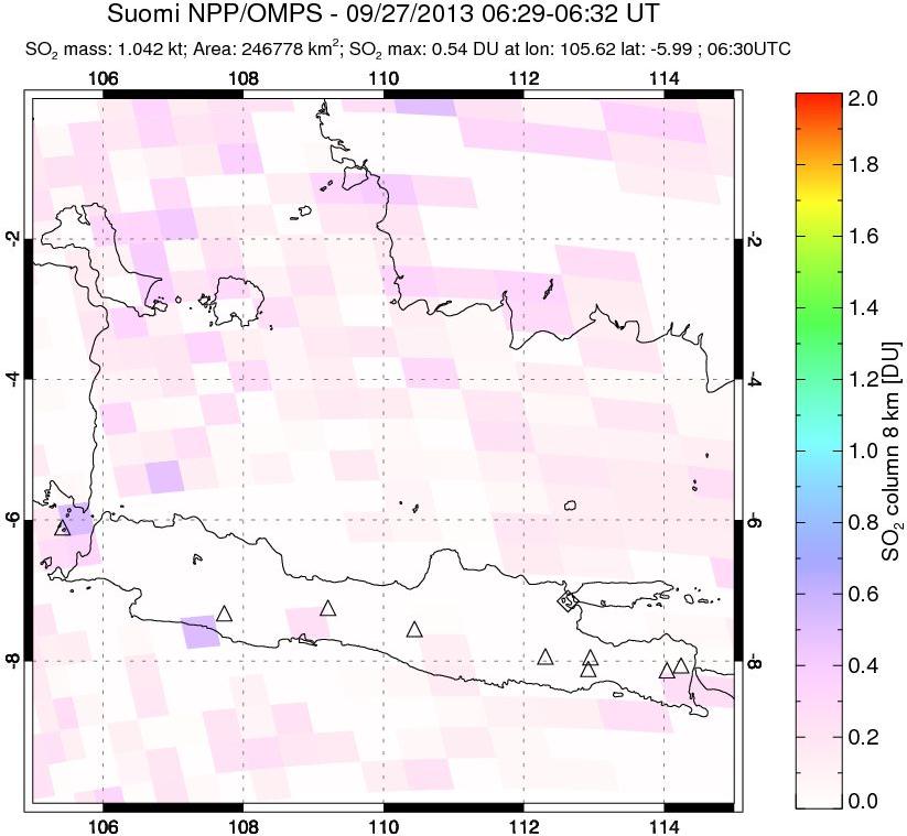 A sulfur dioxide image over Java, Indonesia on Sep 27, 2013.