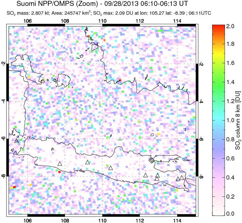 A sulfur dioxide image over Java, Indonesia on Sep 28, 2013.