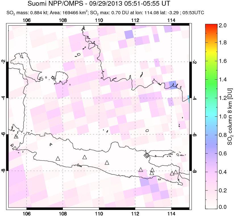 A sulfur dioxide image over Java, Indonesia on Sep 29, 2013.