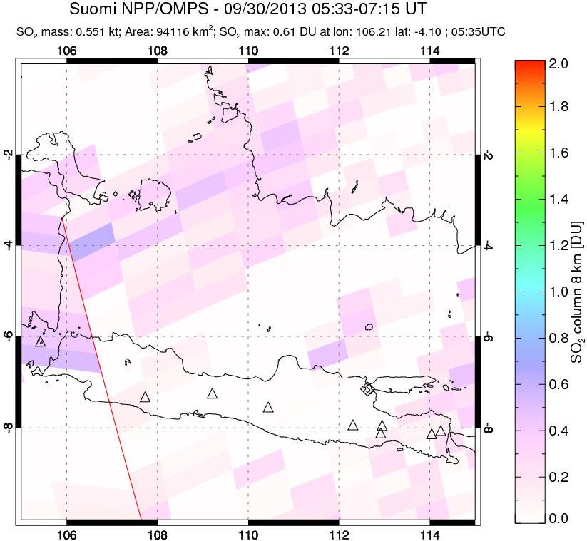 A sulfur dioxide image over Java, Indonesia on Sep 30, 2013.