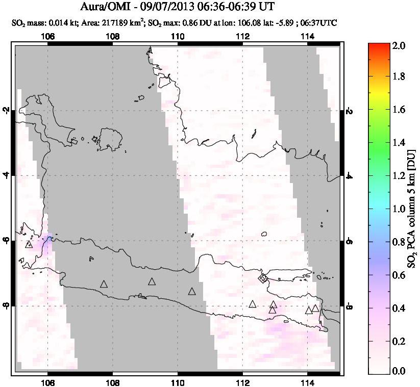 A sulfur dioxide image over Java, Indonesia on Sep 07, 2013.
