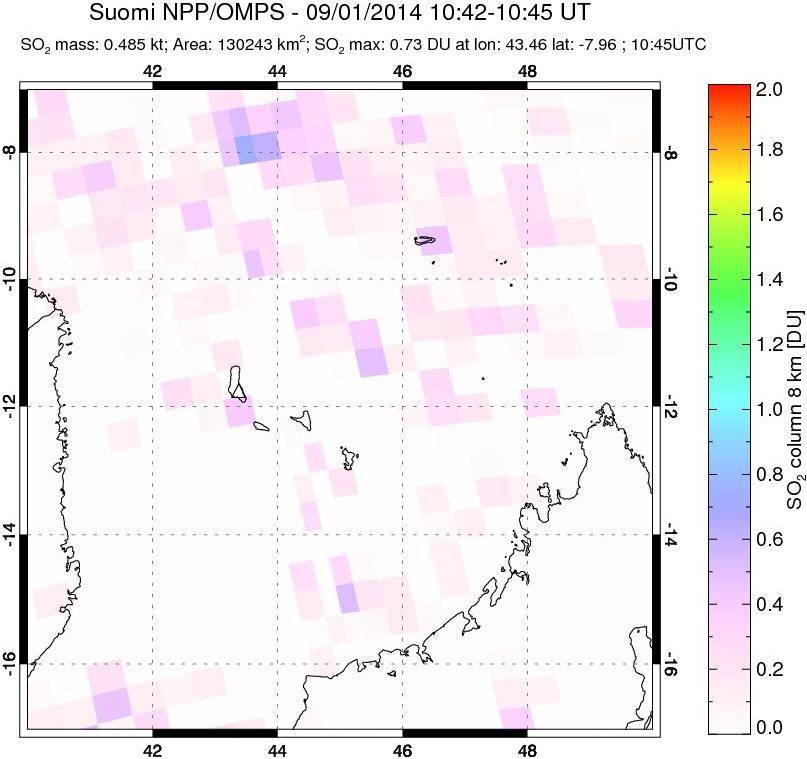 A sulfur dioxide image over Comoro Islands on Sep 01, 2014.