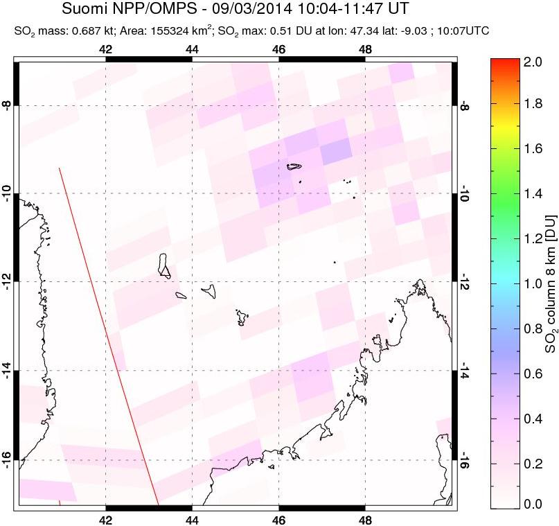 A sulfur dioxide image over Comoro Islands on Sep 03, 2014.
