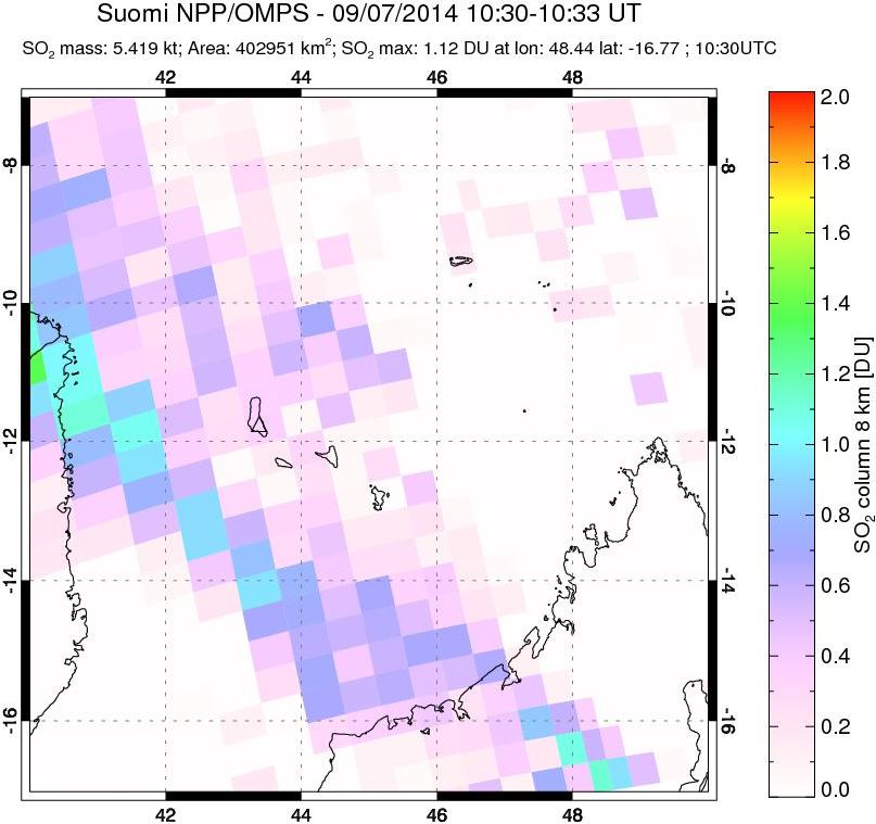 A sulfur dioxide image over Comoro Islands on Sep 07, 2014.