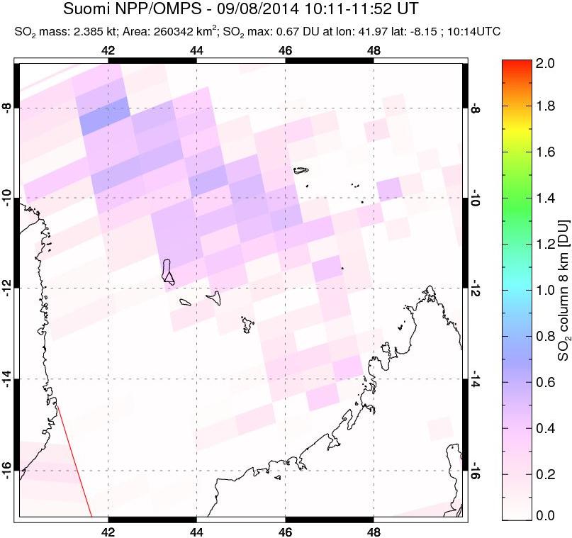 A sulfur dioxide image over Comoro Islands on Sep 08, 2014.