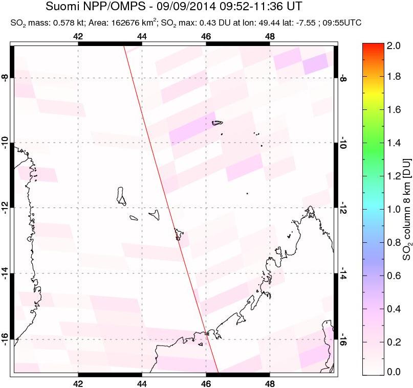 A sulfur dioxide image over Comoro Islands on Sep 09, 2014.
