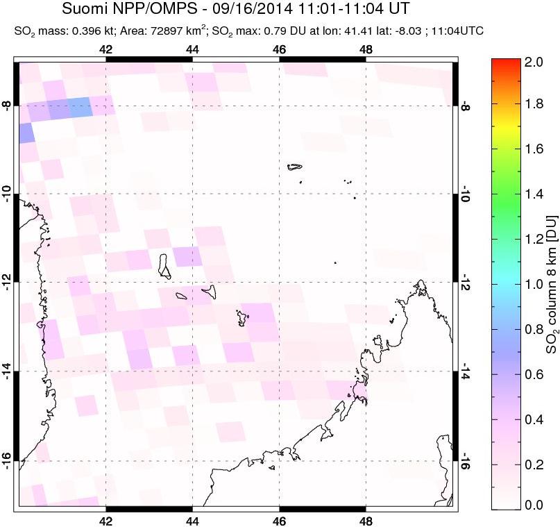 A sulfur dioxide image over Comoro Islands on Sep 16, 2014.