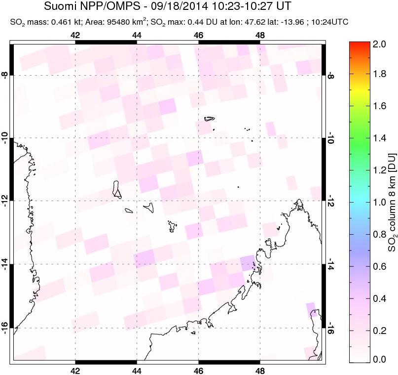 A sulfur dioxide image over Comoro Islands on Sep 18, 2014.