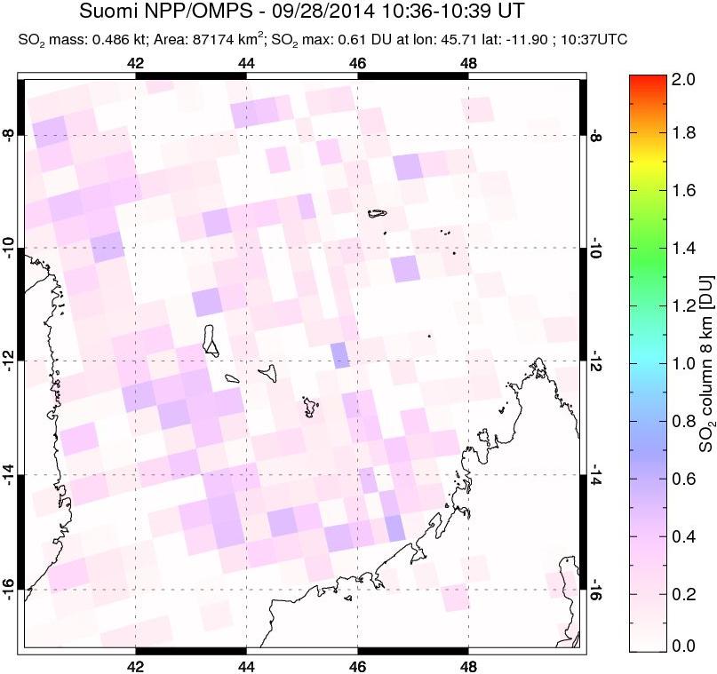 A sulfur dioxide image over Comoro Islands on Sep 28, 2014.