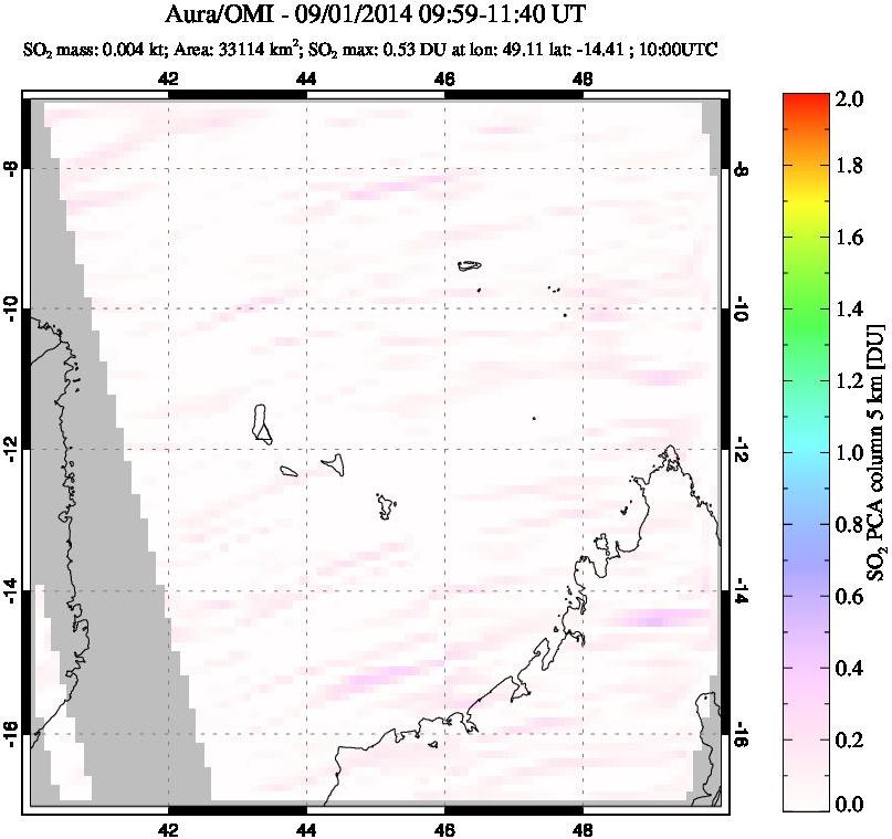 A sulfur dioxide image over Comoro Islands on Sep 01, 2014.