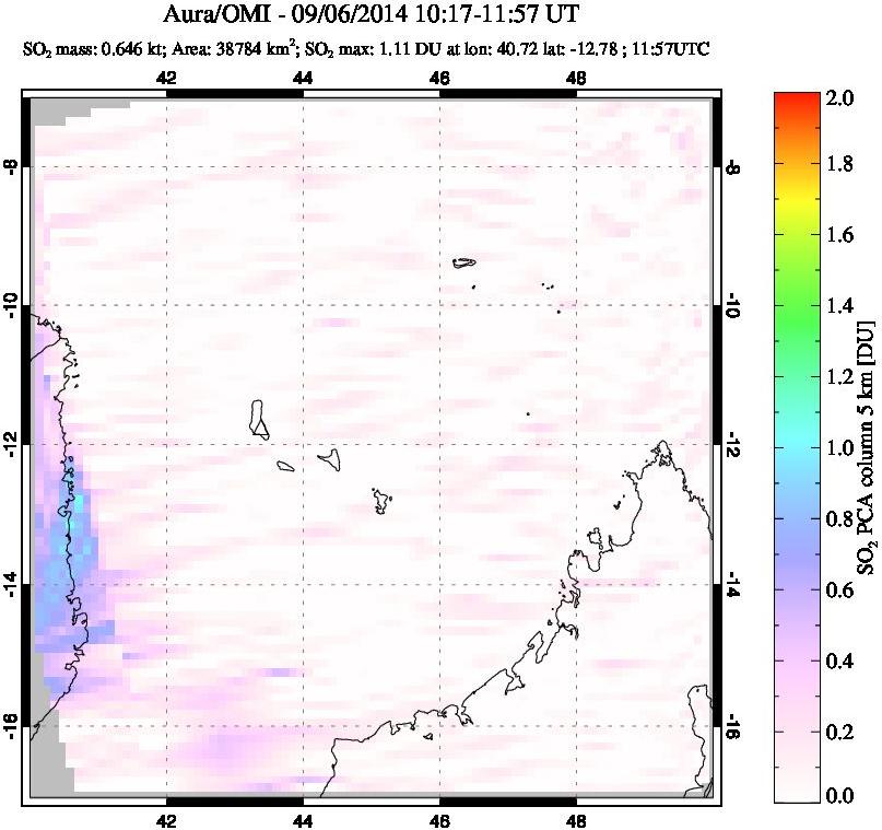 A sulfur dioxide image over Comoro Islands on Sep 06, 2014.