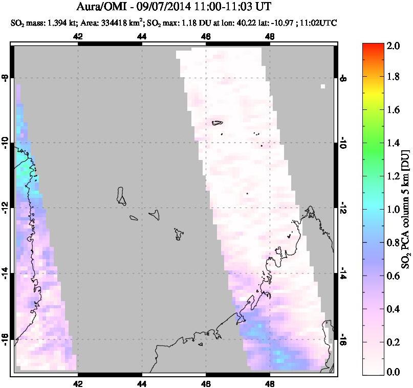 A sulfur dioxide image over Comoro Islands on Sep 07, 2014.