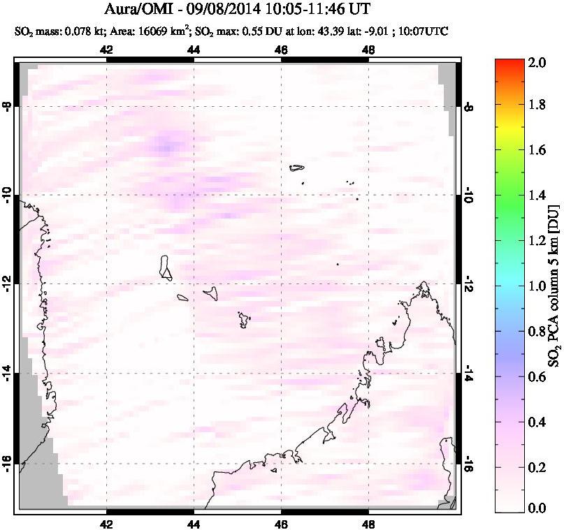 A sulfur dioxide image over Comoro Islands on Sep 08, 2014.