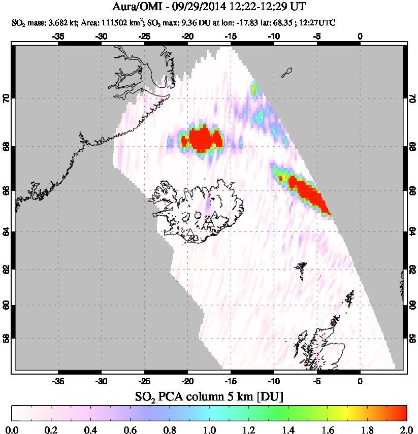 A sulfur dioxide image over Iceland on Sep 29, 2014.