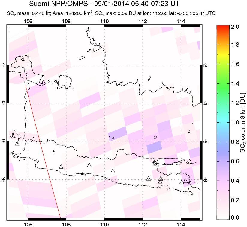 A sulfur dioxide image over Java, Indonesia on Sep 01, 2014.