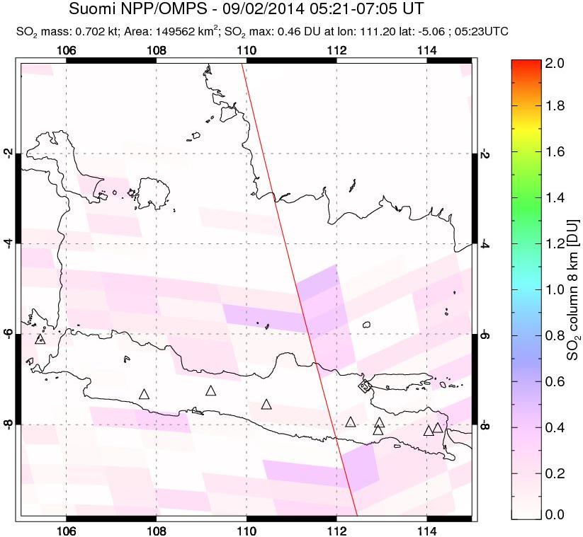 A sulfur dioxide image over Java, Indonesia on Sep 02, 2014.