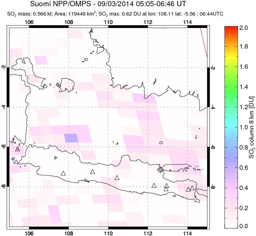 A sulfur dioxide image over Java, Indonesia on Sep 03, 2014.
